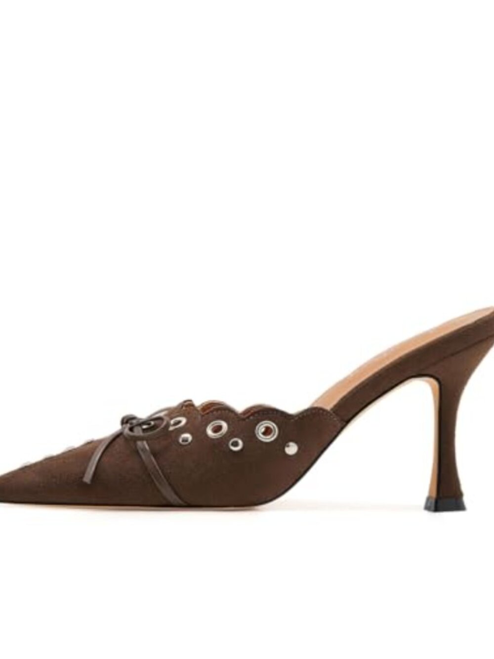 Suede Kitten Heel Mules Pointy Toe Bow Studded Dress Heels
